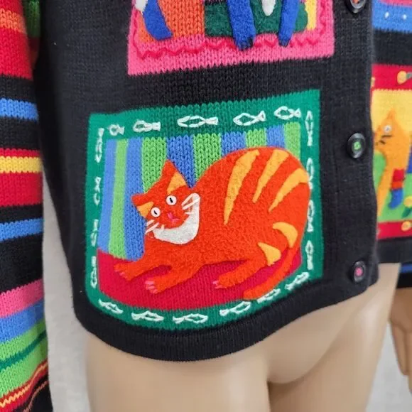 Susan Bristol Colorful Cat Pattern Women's Sweater Cardigan Y2K Patchwork - Picture 2 of 14